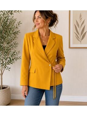 Essence Vintage Wrap Blazer Mustard Yellow Jacket 80s 90s Made in USA Sz 20